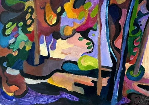 acrylic painting, landscape, trees and bushes, water, bright colirs, semi-abstract, dark