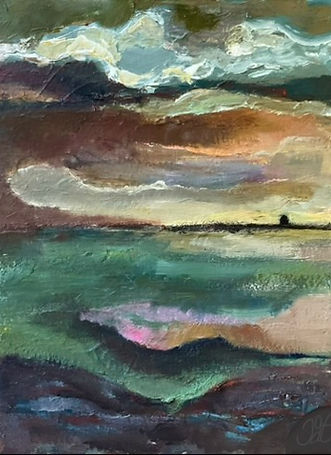 acrylic painting, sky, clouds, ocean, dark, gloomy, light