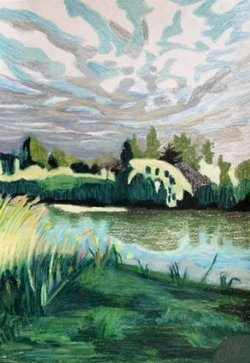 Drawing of Dutch landscape, Loosdrecht, sheepclouds, water, bushes, greens, sunset, semi-abstract, fine art