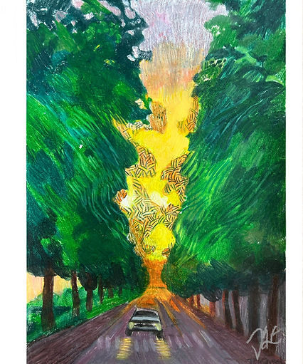 expressionistic drawing of a sunset and trees in a street in Amsterdam