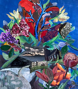 collage painting, inside plat, belief, church, dark waters, dark sky, path