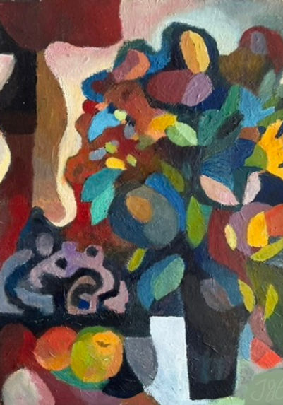 painting of vase with flowers and a lamp, semi-abstract, bright colors