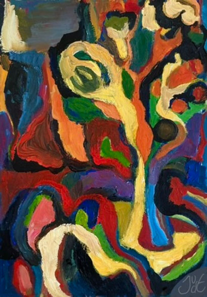 Painting with robust shapes, expressionism, cobra, vase with flowers, Very bright colors, orang, red, yellow