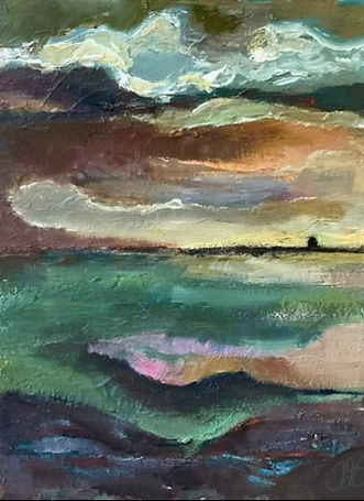 Painting of an ocean and sky, dark, moody, storm is past?, little house on horizon