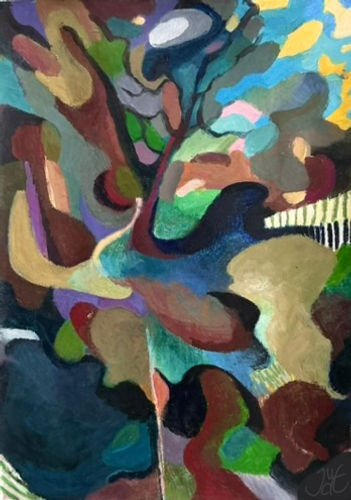 acrylic painting, abstraction round shapes, leaves, brown, swamp, Georgia O Keefe