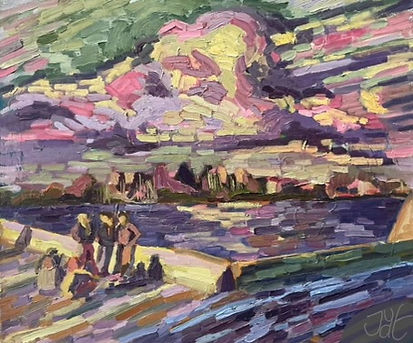 oil painting, water, clouds, intense colors, impressionism, colorful sky, persons, amsterdam-north 