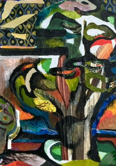 painting of a tree, mixed media, semi-abstract, darkness, bright colors, sky