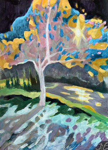 painting of a tree in blossem, sun through the trees, black sky, bright colors, darkness, brightness