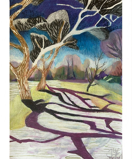 expressionistic drawing of a park with a blue sky and shadows of trees