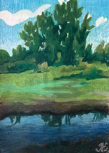Dutch landscape drawing, art, colored pencils, Vondelpark Amsterdam, greens, bushes, water, deep colors, summer