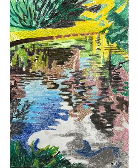 drawing of waterreflections in a park on a summer day