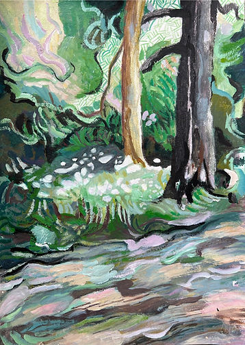 expressionistic drawing of a fairy meadow in a park in spring