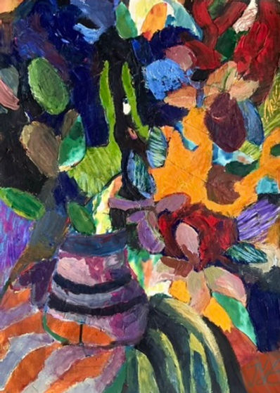 Painting with vase and flowers, abstract expressionism, Matisse, yellow, bright colors, red, blue, green, semi-abstract
