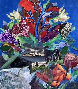 collage painting, plant with heart of human, path, floers, church, birds, brooding sky
