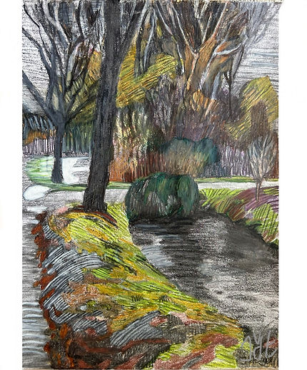expressionistic drawing of a small water in Holland on a rainy day