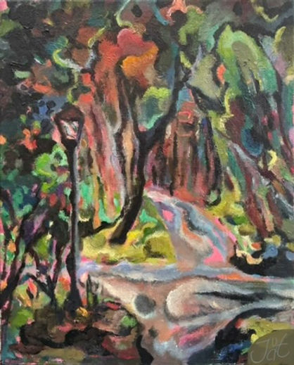 Painting of a park, bushes, lamppost, small road, bright and dark, colorfull