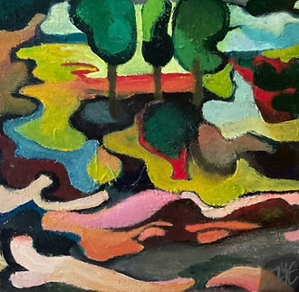 acrylic painting, island, trees, yellow, clouds, ground, layers in the ground