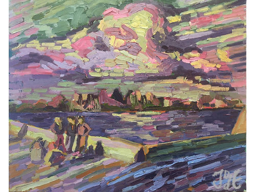 painting of city sky-line Amsterdam with clouds