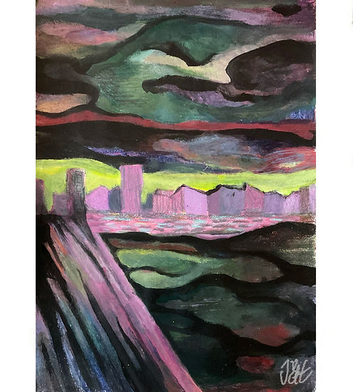expressionistic painting of sky-line of Amsterdam with dark clouds