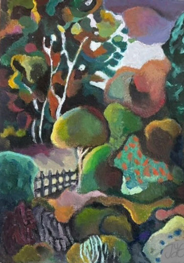 Painting of a garden with small tree, bushes, colorfull, dark, symbolism, mystical 