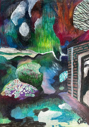 Dutch landscape drawing, art, colored pencils, garden, darkness, trauma,  intense colors