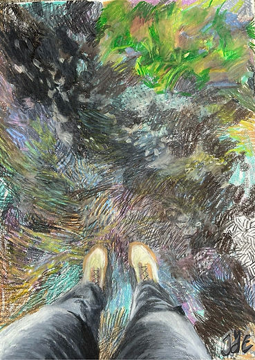 Dutch landscape drawing, art, colored pencils, the street, looking down, shoes, minimal