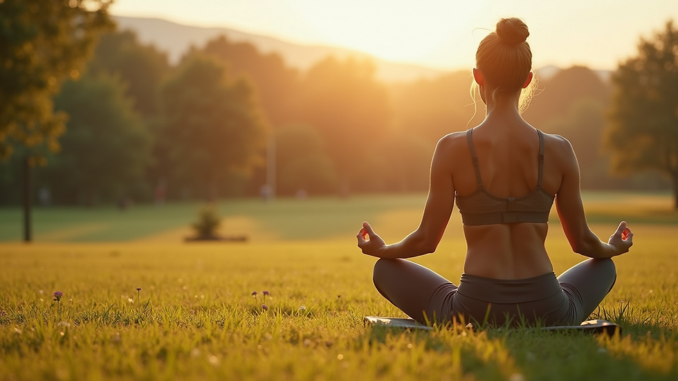 Eye-level view of a person practicing yoga in a serene outdoor setting