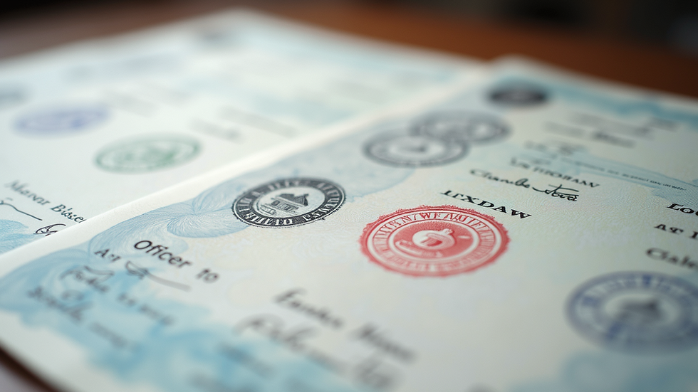 Close-up view of official documents with stamps and signatures