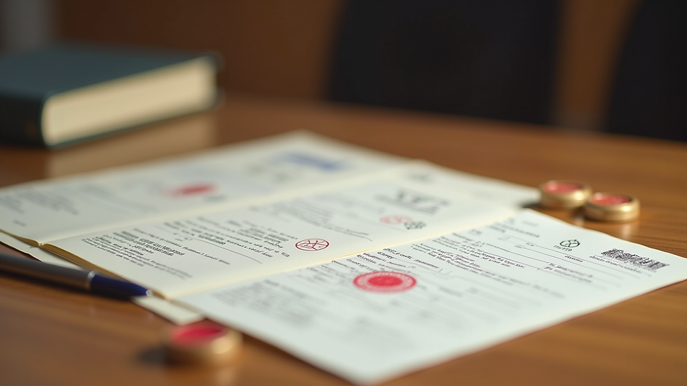 Close-up view of official documents with stamps and seals on a wooden table