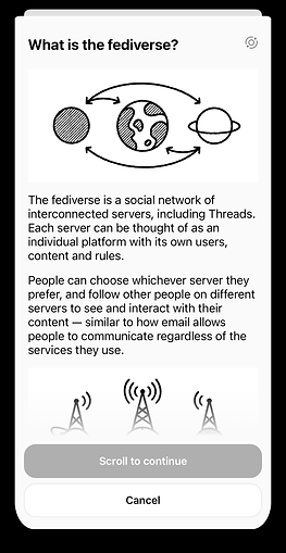 Threads screenshot that says: The fediverse is a social network of interconnected servers, including Threads. Each server can be though of as an individual platform with its own users, content and rules.
