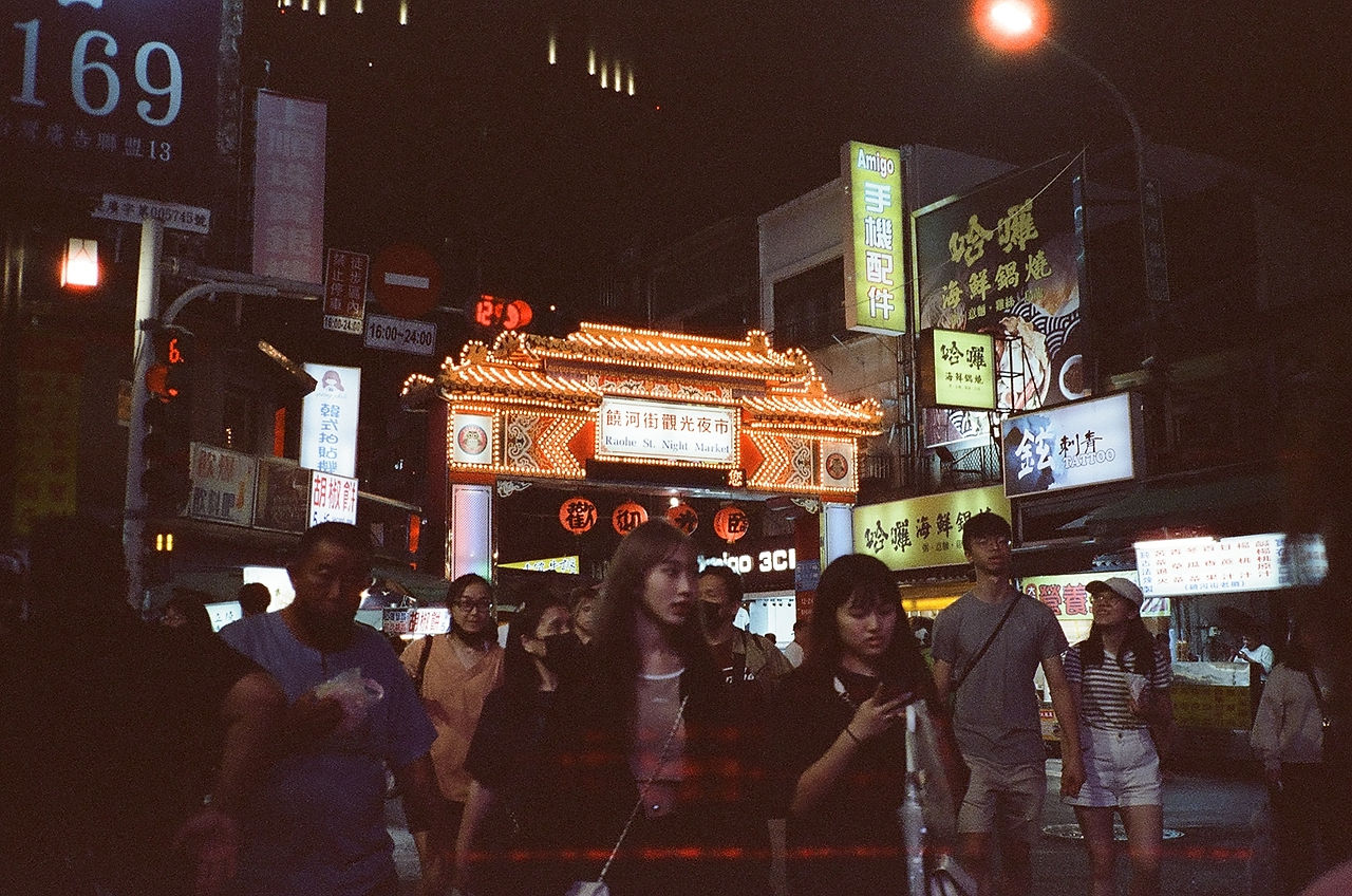 crowd in front of night market in taiwan, shot on film