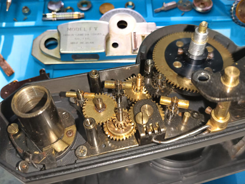 The inner gears of a Widelux Model FV, from the workbench of Philippe Raybaudi.