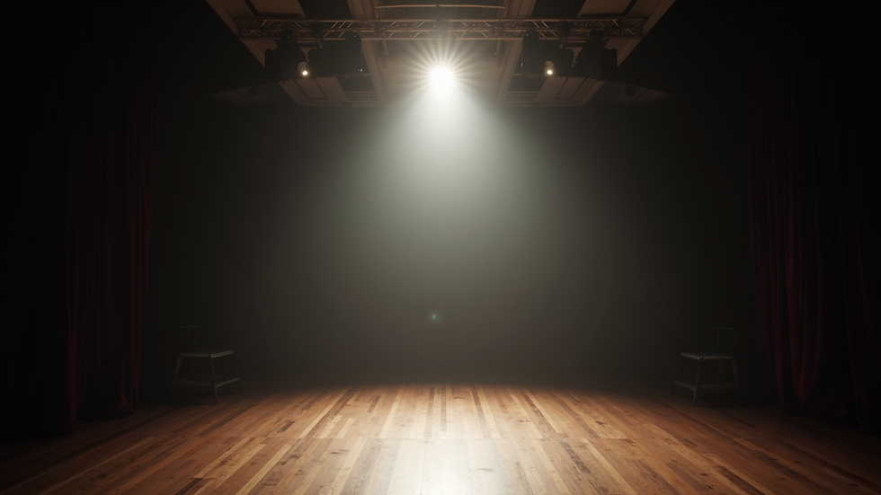 Eye-level view of a rehearsal space with a spotlight on an empty stage