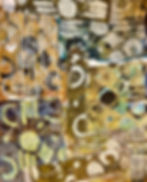 An abstract mixed-media painting with textured layers of gold, brown, and green, featuring circular and irregular shapes.