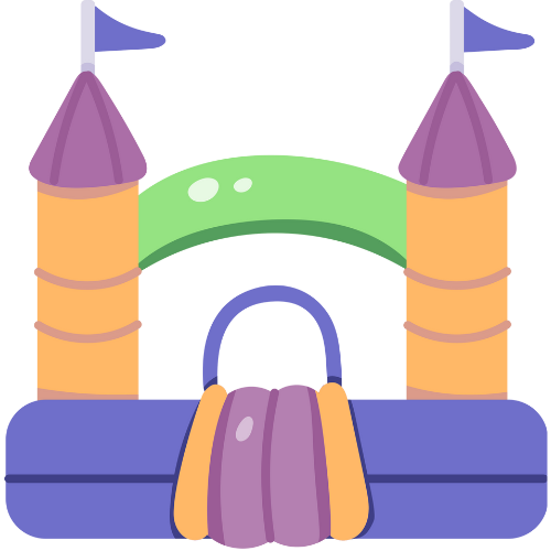 A simple, cartoon-style illustration of a purple and orange bouncy castle with two towers and a green archway.