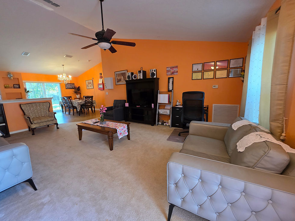 A vibrant orange living room with a couch, coffee table, and dining area.