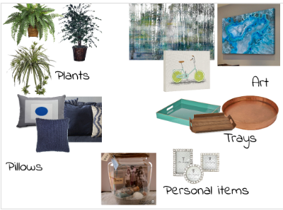 design board showing groupings of items that represent my top 5 accessories. Access Home Staging. Ottawa, Ontario