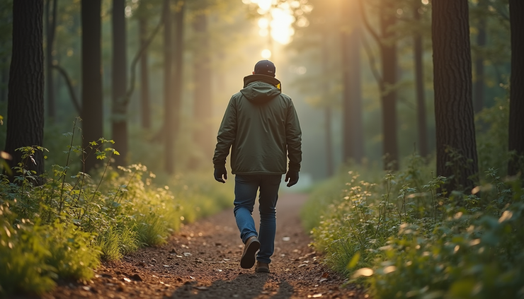 Eye-level view of a manager clearing obstacles on a path in a forest