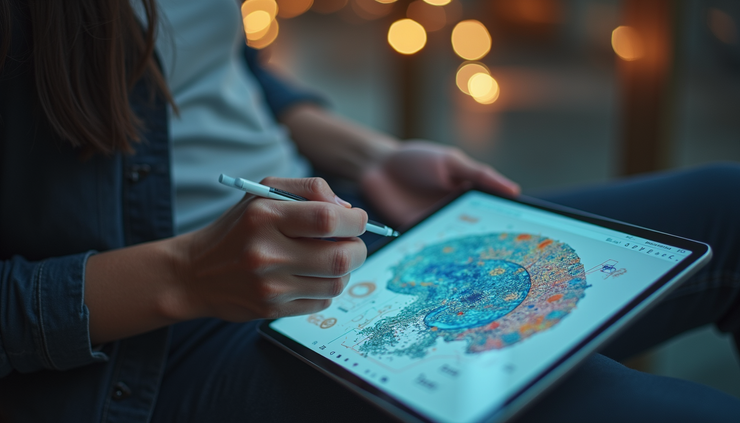 High angle view of a person brainstorming with AI-generated ideas on a digital tablet