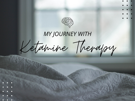 The text "My Journey with Ketamine Therapy" with an abstract brain icon above it. The background is a bed sheet seen below a window.