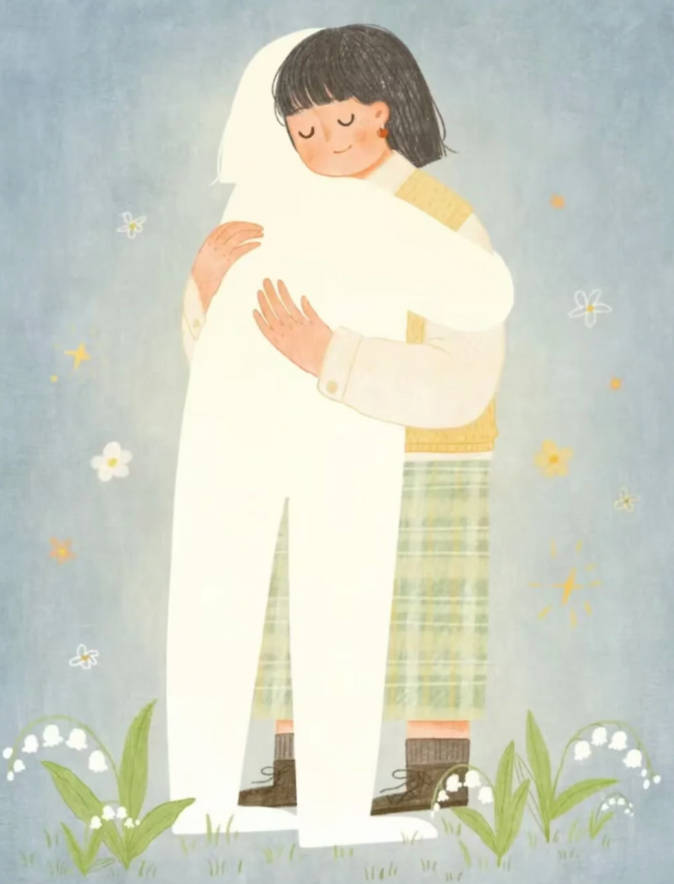 A person hugging a version of themselves
