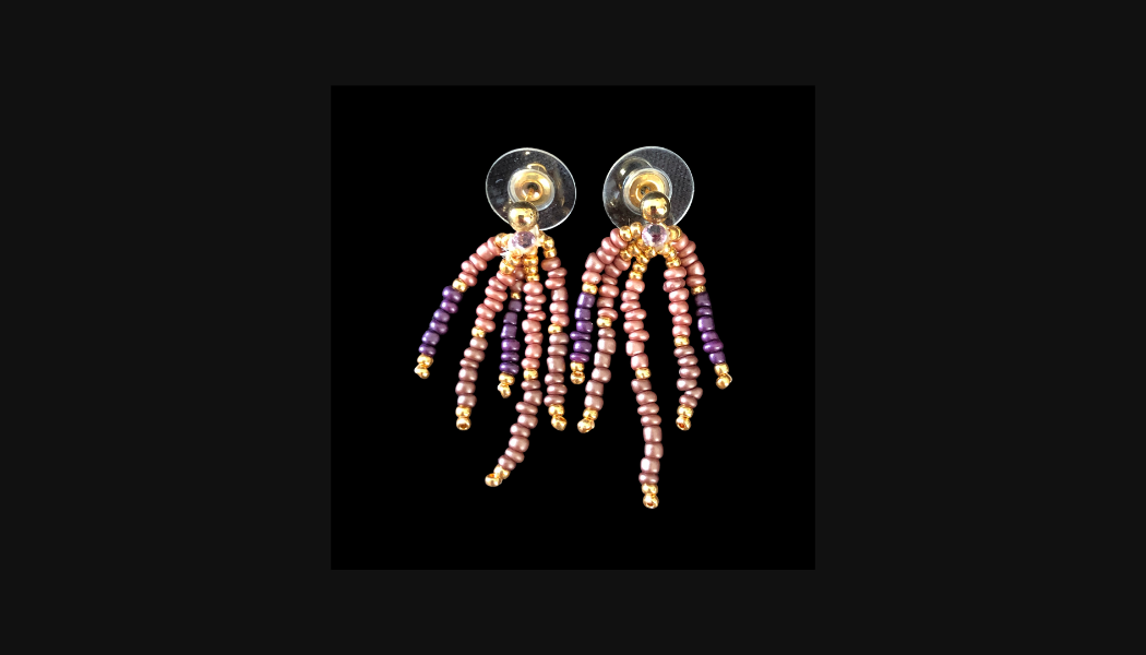 Purple, tan and gold fringe earrings