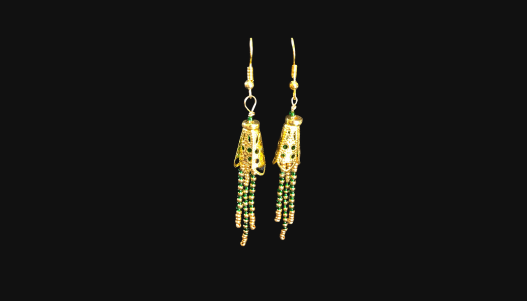 Gold and green fringe earrings
