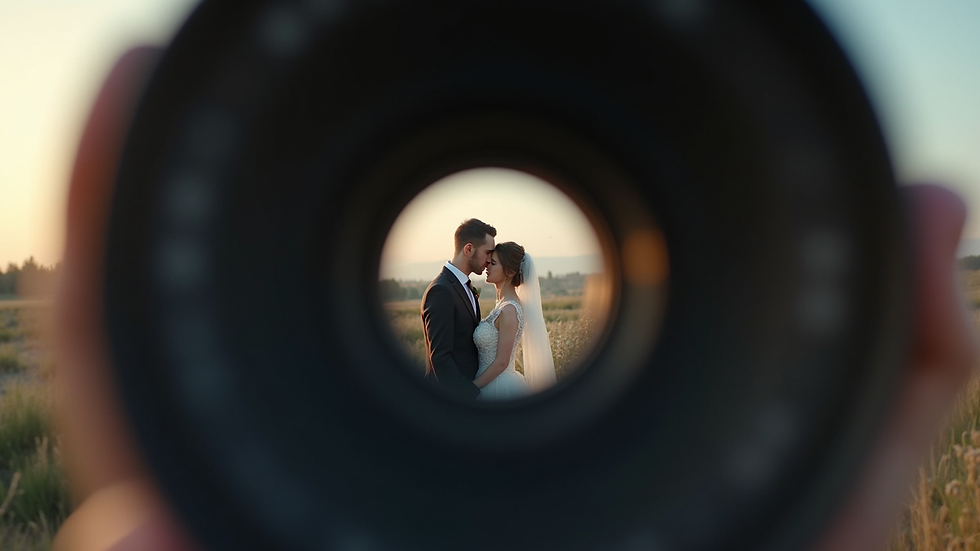 Close-up view of a camera lens focusing on a wedding couple during a ceremony