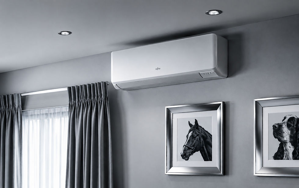 Wall-mounted domestic air conditioning unit installed in a living roomg