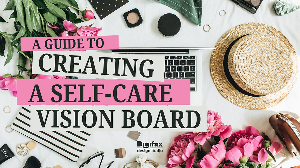 An image of a desk with a laptop and self-care essentials for a Guide to creating a self-care vision board by Digifax Design Studio.