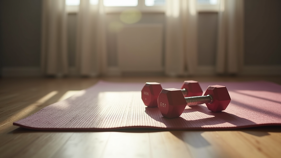 Eye-level view of a yoga mat and dumbbells on a wooden floor