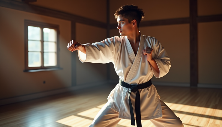 Eye-level view of a karate practitioner executing an uppercut punch in a dojo