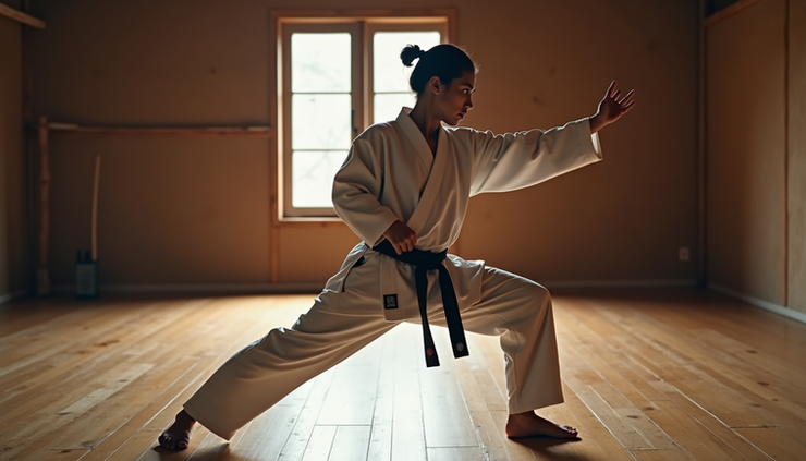 Close-up view of a karateka holding horse stance on a wooden dojo floor