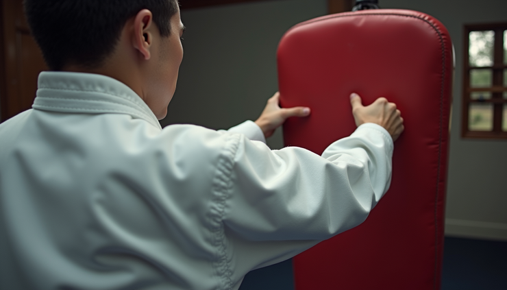 Close-up view of a karateka practicing controlled punches on a training pad